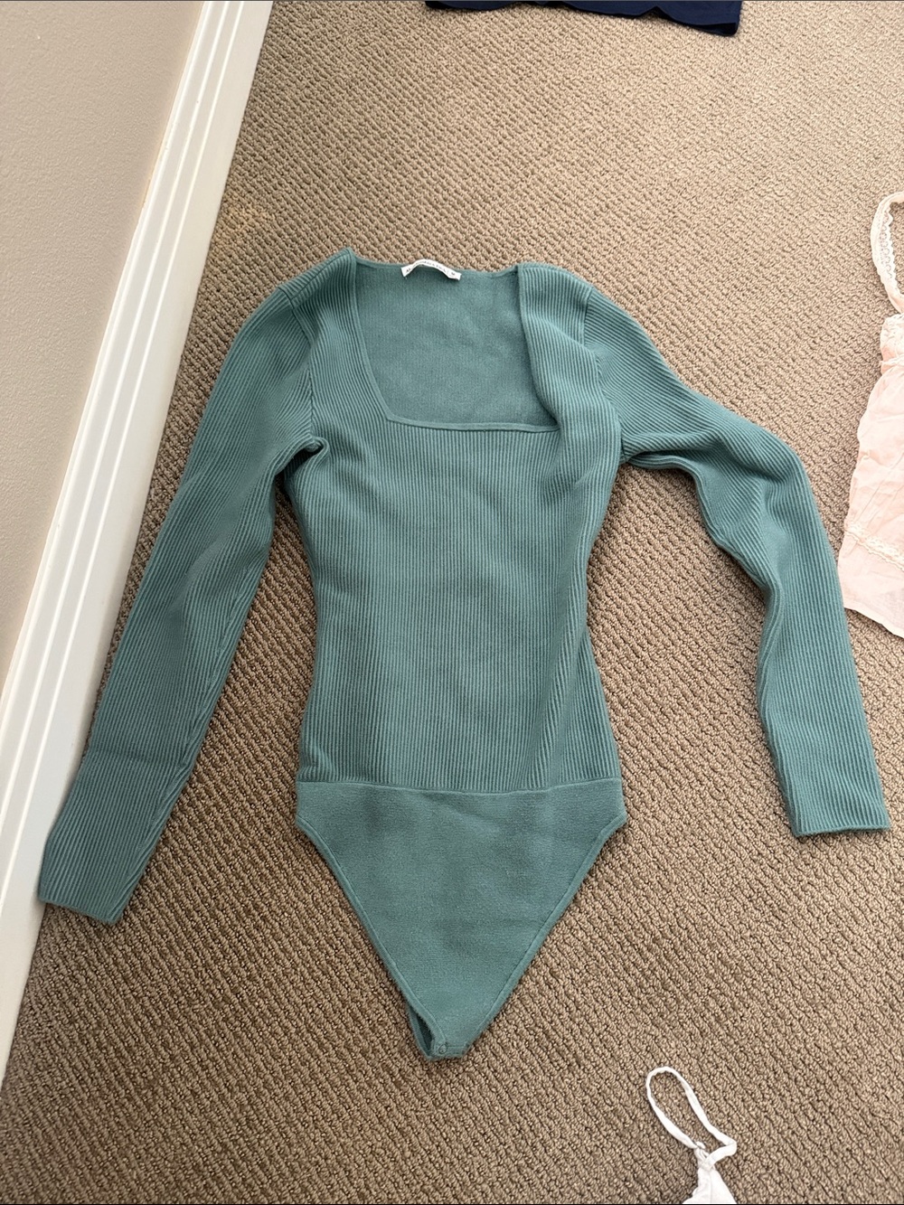 Abercrombie & Fitch Ribbed Square-Neck Long-Sleeve Bodysuit - Teal Green